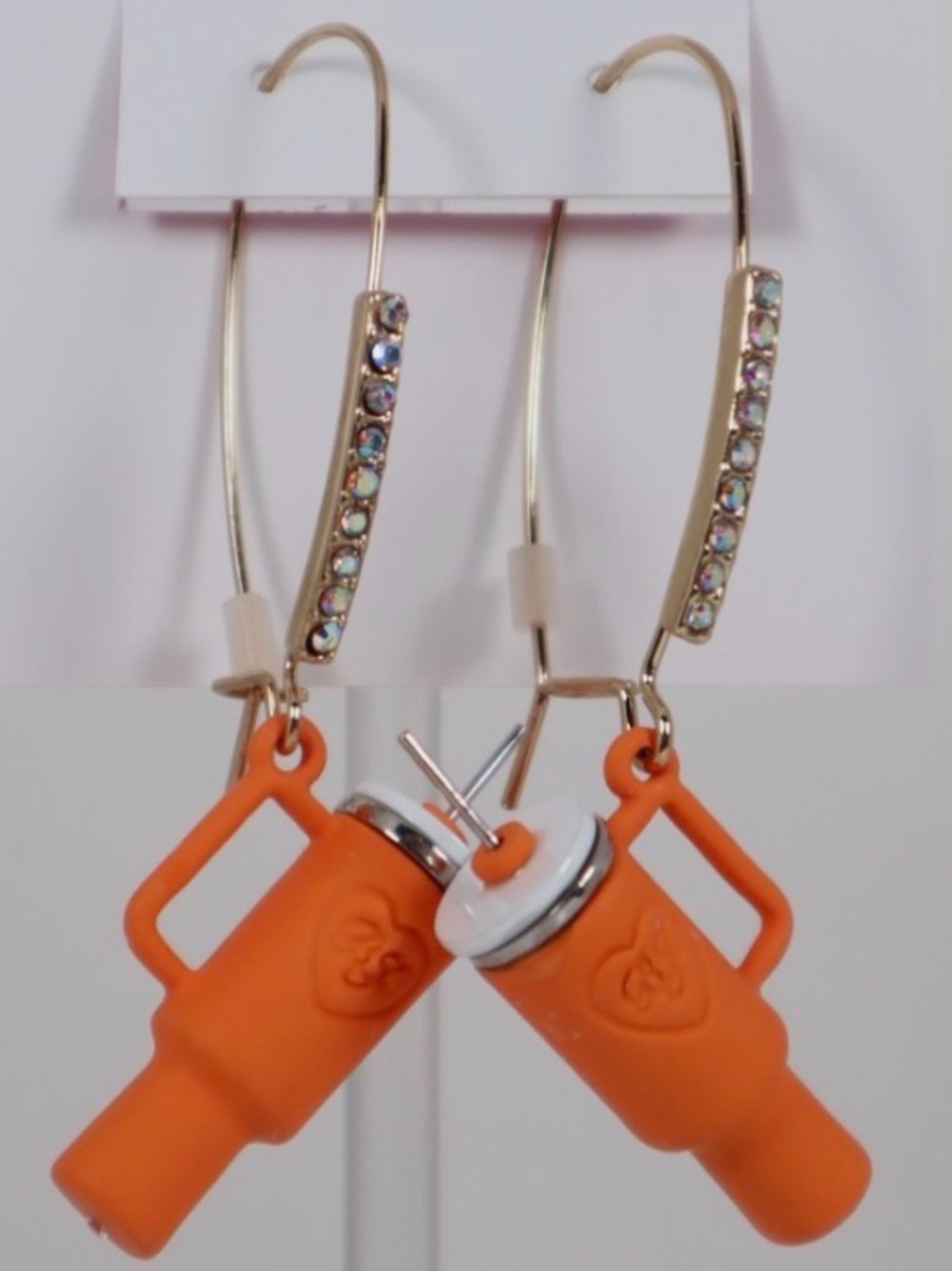 Betsey Johnson Orange Stanley Style Tumbler Cup Earrings. In box, NWT